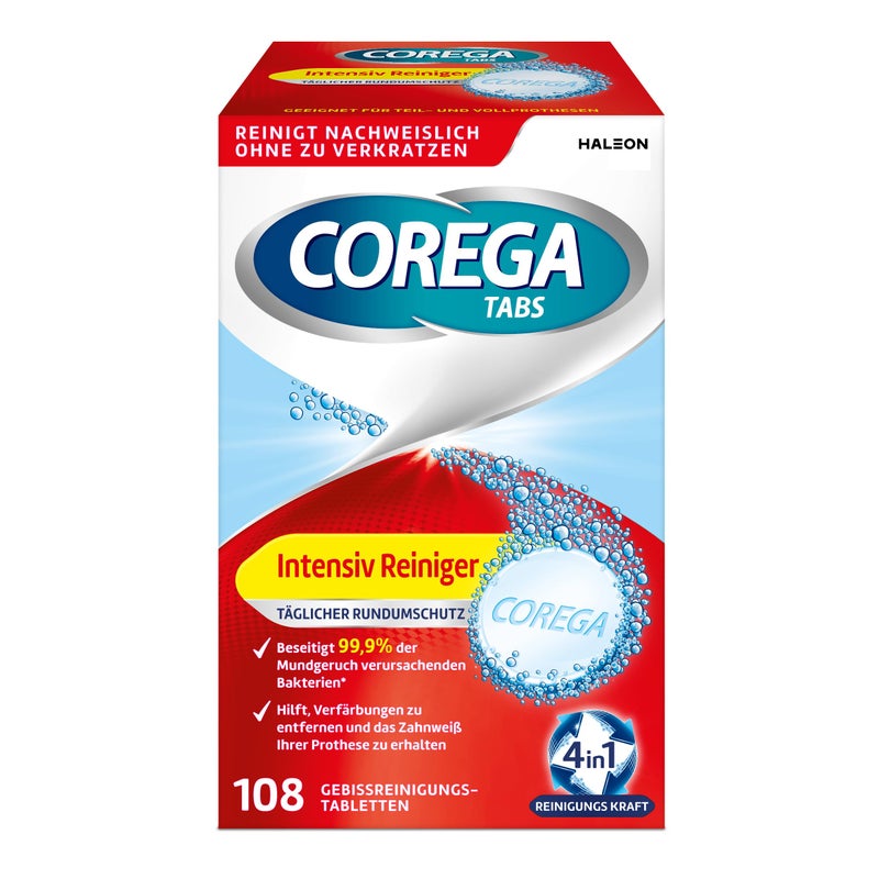 Corega Cleaning TABS Intensive Cleaner All-Round Protection for Removable dentures/Third Teeth, 1x108 Denture Cleaning Tablets